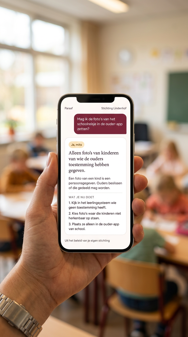 Een hand houdt een telefoon omhoog in een klaslokaal. Op het scherm beantwoordt Paraaf de vraag of foto’s van het schoolreisje in de ouder-app mogen.