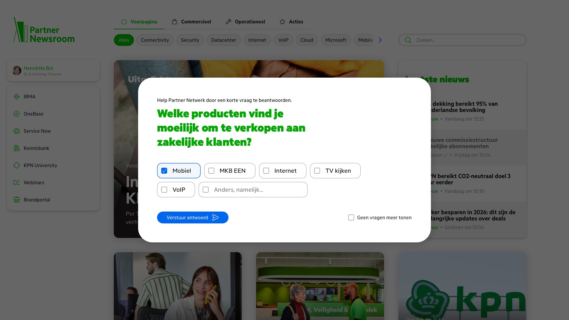 De Miniquette over Partner Newsroom: welke producten vind je moeilijk om te verkopen aan zakelijke klanten, met keuzevakjes.