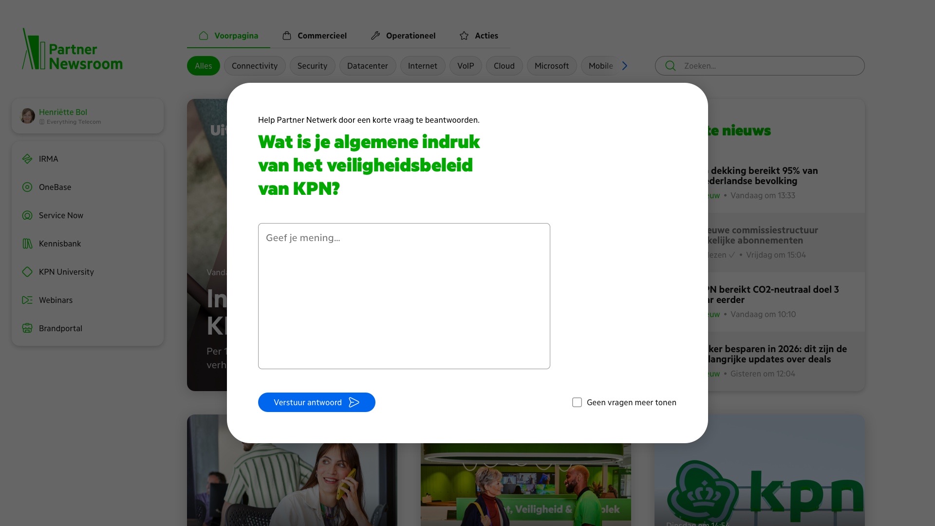De Miniquette vraagt naar de algemene indruk van het veiligheidsbeleid van KPN, met een open tekstveld.
